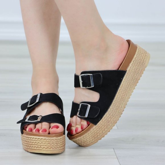 Shoes - Suede Black Double Straps Comfort Platform Sandal Slip On Sliders